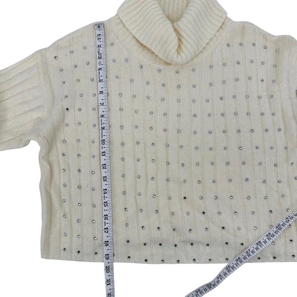Womens Rhinestone Embellished Cream Turtleneck Ribbed Knit Sweater‎ Boxy Crop